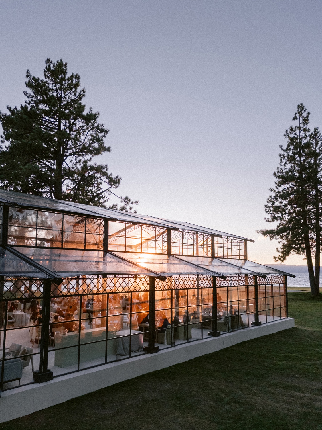 Glass-enclosed tent reflecting sunset hues, set against tall green trees and grassy surroundings, creating a serene outdoor atmosphere.