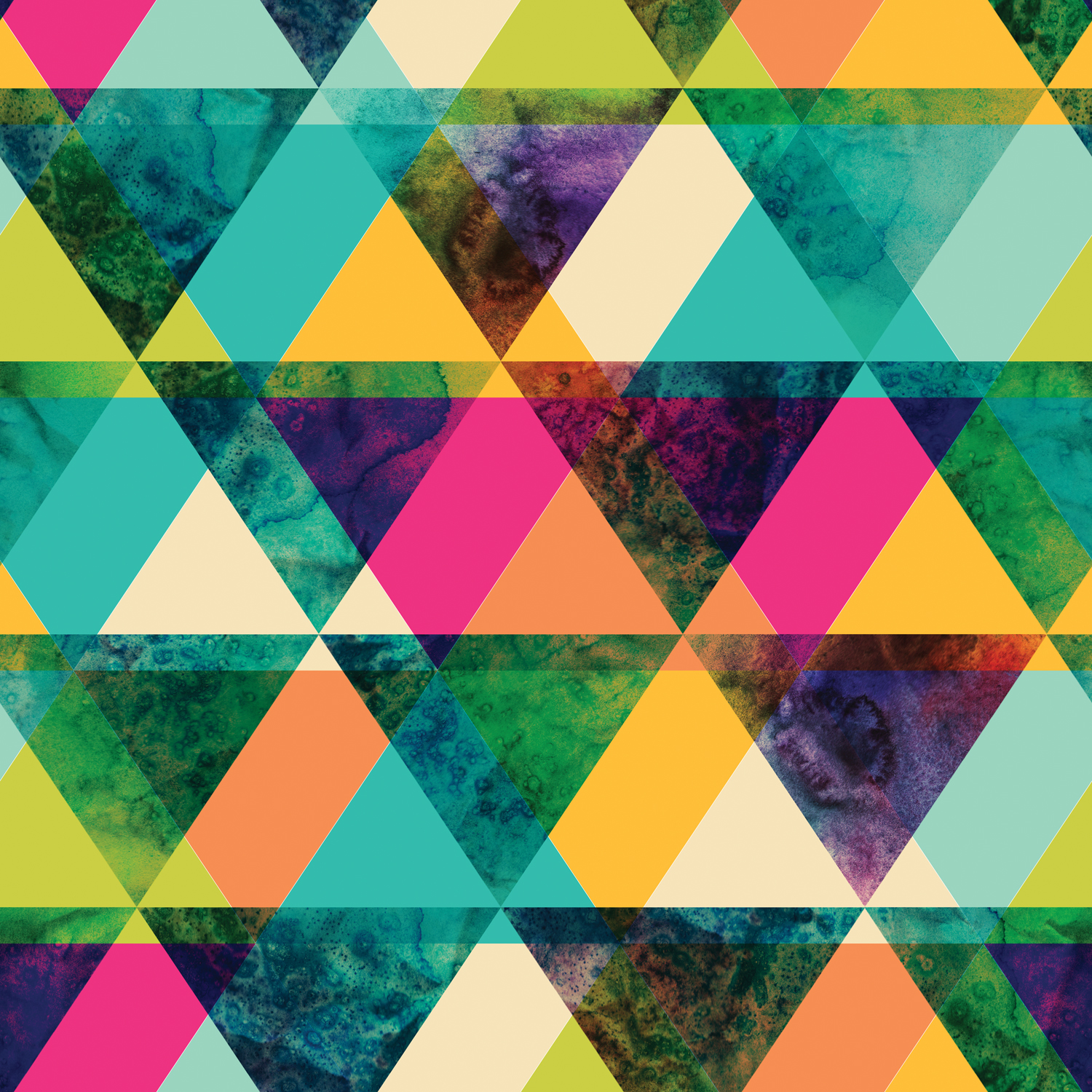 Colorful geometric pattern of overlapping triangles in vibrant shades of teal, pink, orange, and green, blended with watercolor textures.