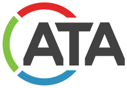 ATA_logo_iconmark Logo featuring the letters "ATA" in bold dark gray, encircled by red, green, and blue segments. Simple and modern design.